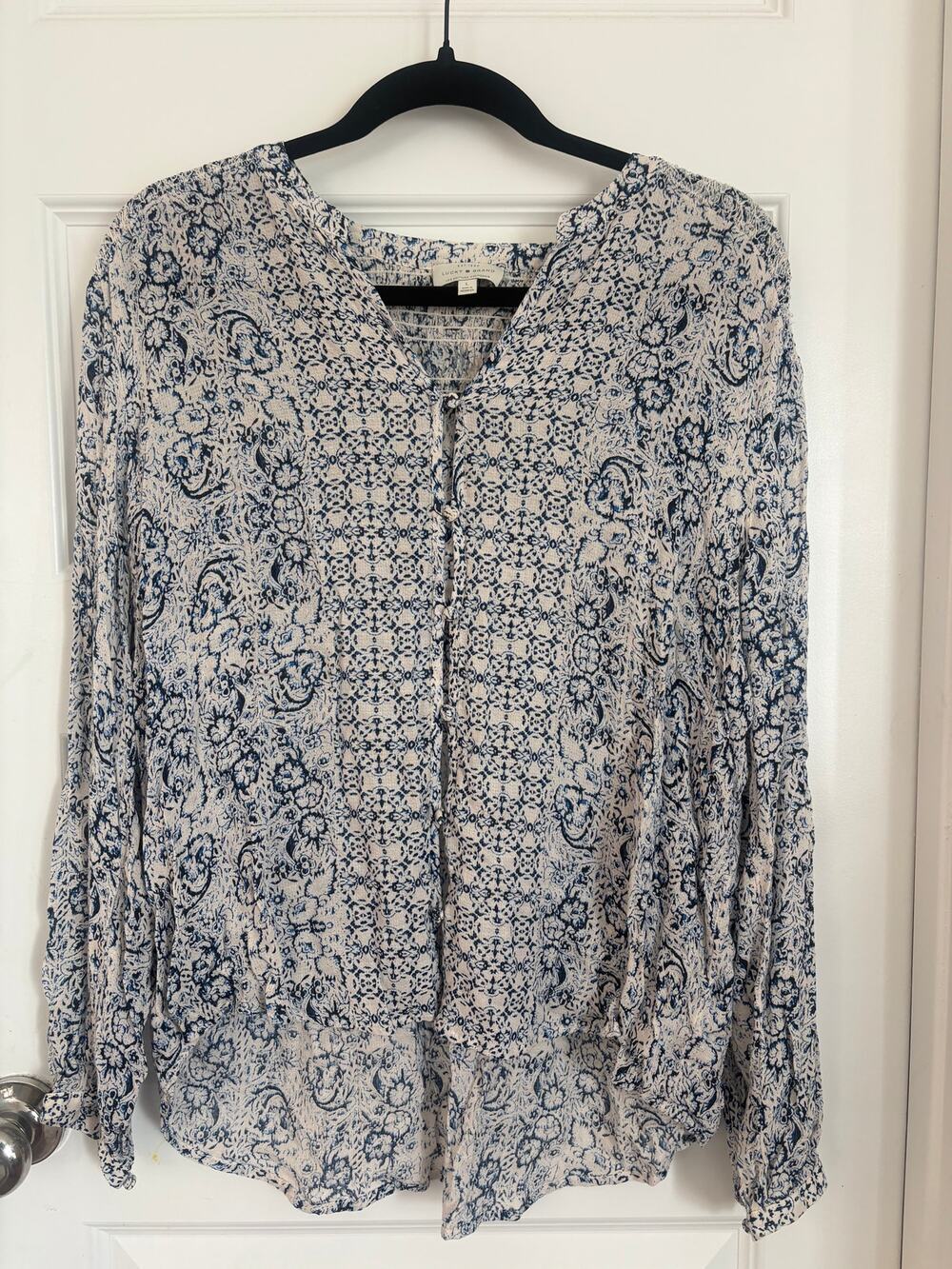 Lucky Brand Blue & Cream Floral Boho Blouse Long Sleeve Size L